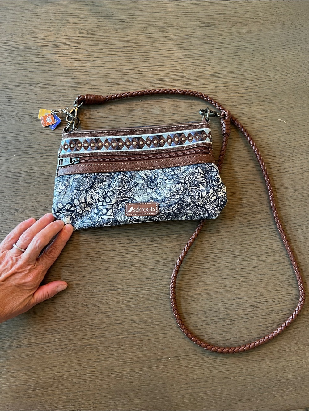 Sakroots Blue Floral Crossbody with Brown Braided Strap